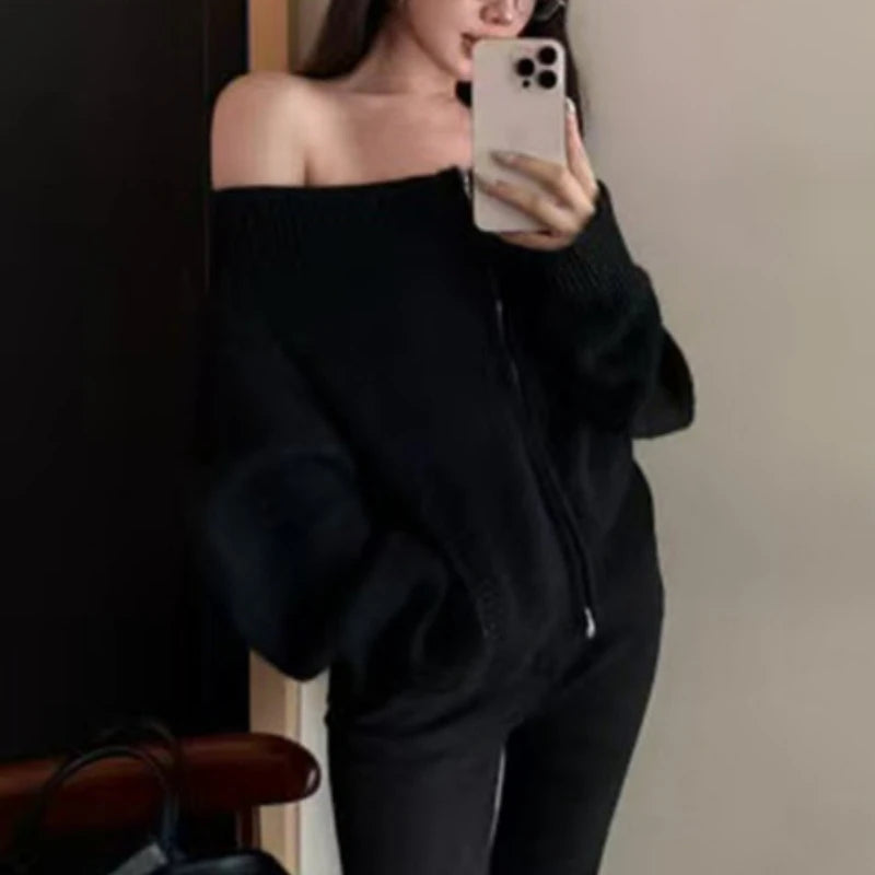 Bxoxo Women's Off-the-Shoulder Sweater Cardigan Zip Up Knitted Off Shoulder Sweater Jacket Teen-girl Fall Winter Y2K Outfit