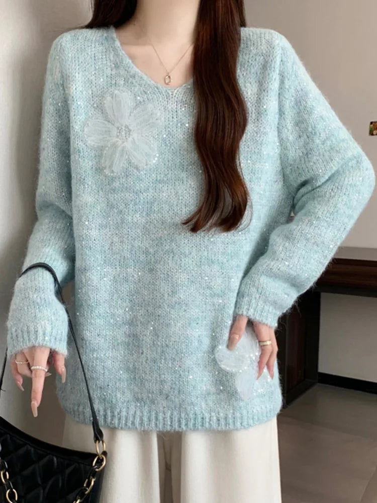 Bxoxo 3D Floral Sweet Sweaters Women Loose Fashion V Neck Elegant Knitted Jumper Casual Chic Korean Female Fall Winter Long Sleeve Top