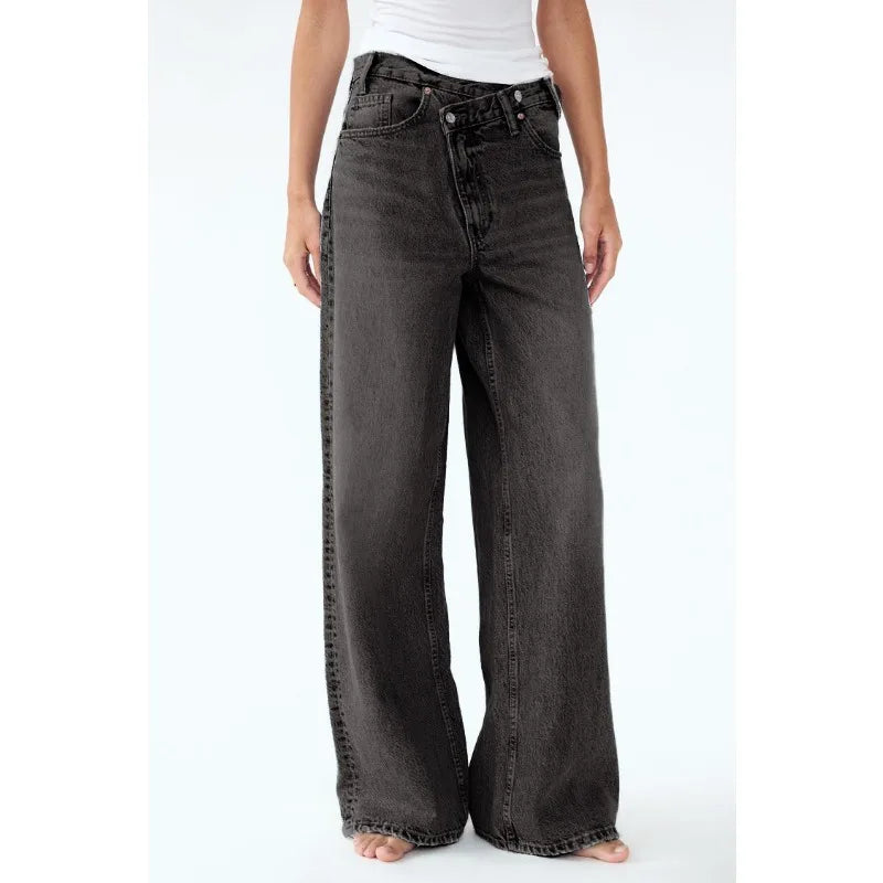 Bxoxo Vintage Basic Irregular Women Jeans Washed Wide Leg Straight Denim Pants Baggy High Waist Asymmetrical Trousers Casual