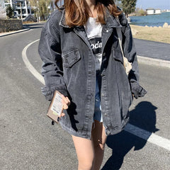 Spring Autumn Black Denim Jacket Top Woman Korean Simple Loose Jean Coats for Women New Trendy Button Long Sleeve Outwear