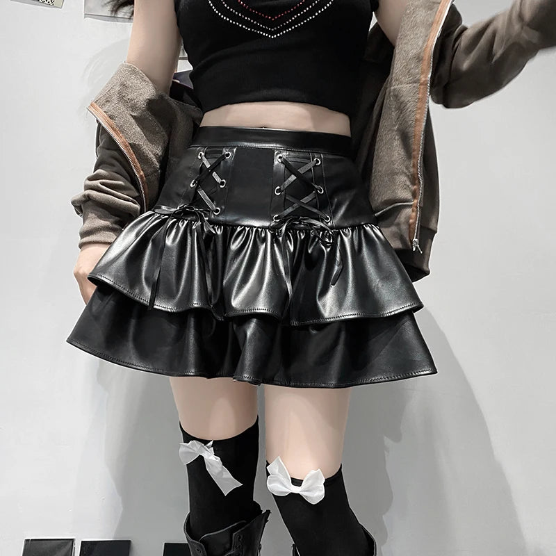 Bxoxo PU Leather Mini Skirts Punk Style High Waist Lace Up Bandage Black Pleated Skirt Streetwear Girls Dark Academia Clothes