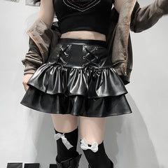 Bxoxo PU Leather Mini Skirts Punk Style High Waist Lace Up Bandage Black Pleated Skirt Streetwear Girls Dark Academia Clothes