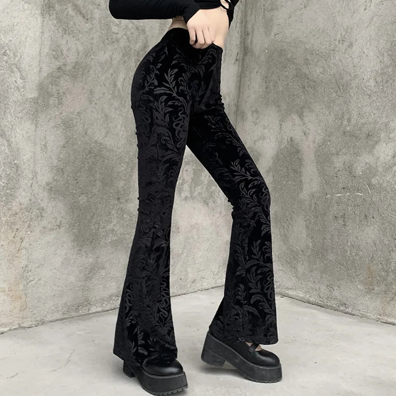 BXOXO Gothic Autumn Black Flare Pants Women Velvet Vintage Harajuku Bodycon High Waist Trousers Streetwear Casual Fashion Punk Pants