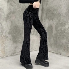 BXOXO Gothic Autumn Black Flare Pants Women Velvet Vintage Harajuku Bodycon High Waist Trousers Streetwear Casual Fashion Punk Pants