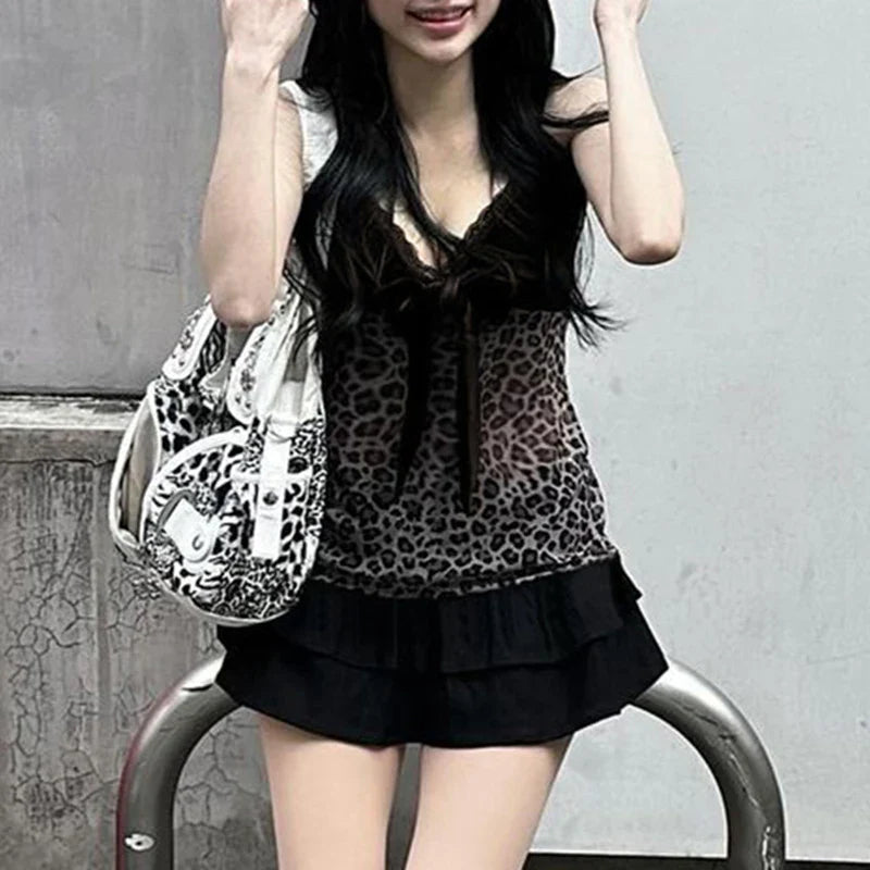 BXOXO Leopard Mesh Crop Top y2k Bow Velvet Patchwork See Through Mini Vest Grunge Korean Vintage Camisole Lace Frill Tanks