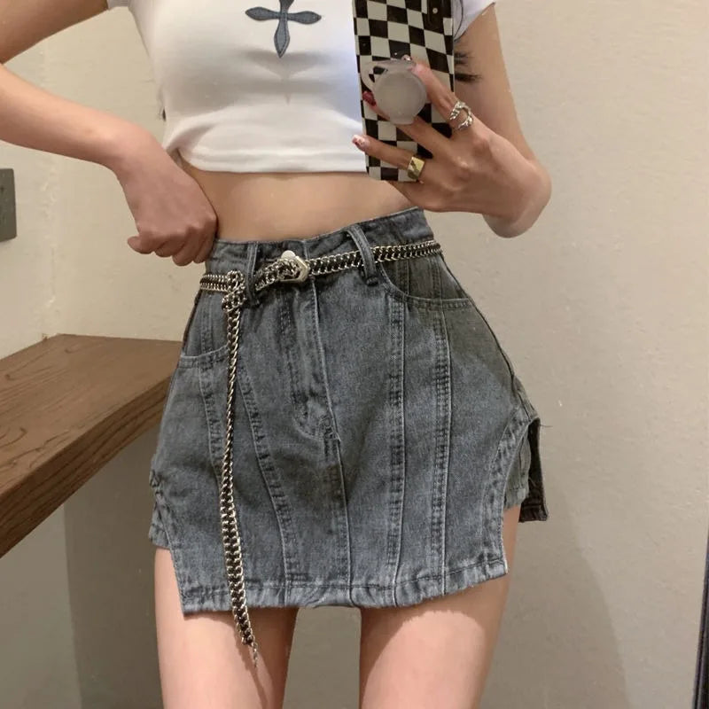 Bxoxo Summer New Irregular Denim Shorts Skirt Female Y2K Street Fashion High Waist Plus Size Slim Bag Hip Skirt Pants Exposed A Shorts