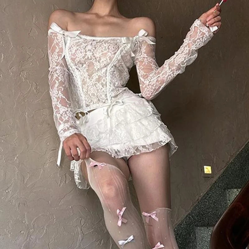 BXOXO Y2K Kawaii Retro Outfits Lolita 2 Piece Set Fairy Cute Bow Lace Off Shoulder Crop Tops T-shirt + Multi-layers Pleated Mini Skirt