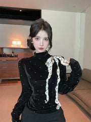 Bxoxo Vintage Polka Dots Velvet Tops Women Y2K Autumn Korean Chic Folds Slim Long Sleeve T Shirt Elegant Bow Lace Up Ladies Pullover