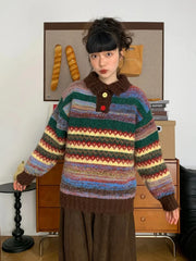 Bxoxo Vintage Print Harajuku Sweaters Women Loose Casual Knitted Pullover Lazy Wind Retro Female Preppy Style Long Sleeve Jumper Tops