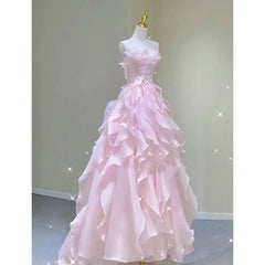 BXOXO Temperament Pink Evening Dress Women Luxury Elegant Ruffles Fairy Birthday Prom Gown Exquisite Sleeveless Bride Banquet Vestido