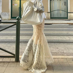 Bxoxo Two Layer Lace Trumpet & Mermaid Long Skirts For Women Vintage Elegant Fashion High Waist Skirt Holiday Outfits