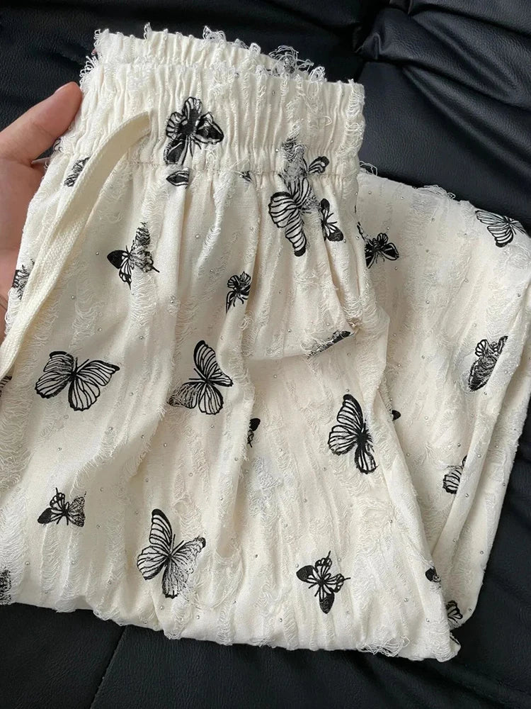 Bxoxo High Waist Wide Leg Pants Women Summer Loose Butterfly Print Female Casual Pants Y2K Korean Drawstring Floor Length Trousers