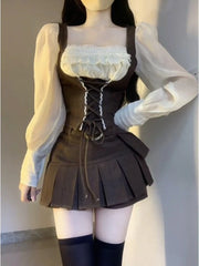 Bxoxo Autumn Korean Fashion Suit Woman Vintage Kawaii 2 Piece Skirt Set Casual Slim Blouse + Party Y2k Mini Skirt Elegant Chic