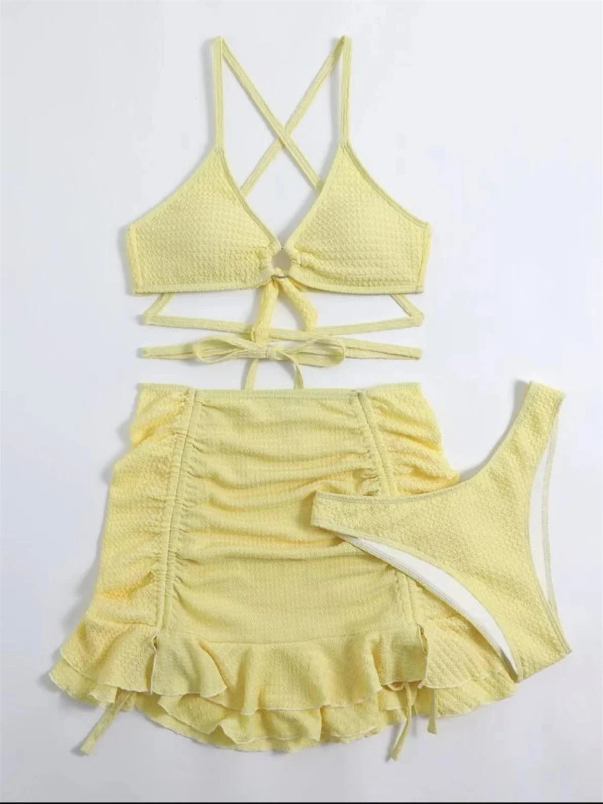 Bxoxo Sexy Yellow Bikini Women Solid Halter Ring Linked Criss Cross Cover Up 3 Piece Swimsuit 2024 Bathing Suit Ruffles Skirt Swimwear