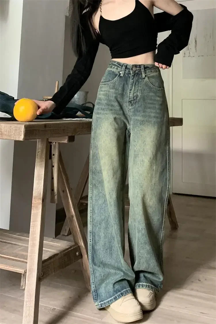 Bxoxo Vintage High-waisted Slimming Jeans American Style Casual Bell Bottoms Versatile Straight-leg Long Pants For Women
