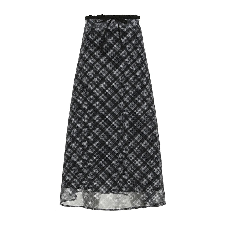 Bxoxo Preppy Style Plaid Print Mesh Skirt Casual All-match Loose A-line Long Skirts for Women Summer Retro Skirt Korean Fashion
