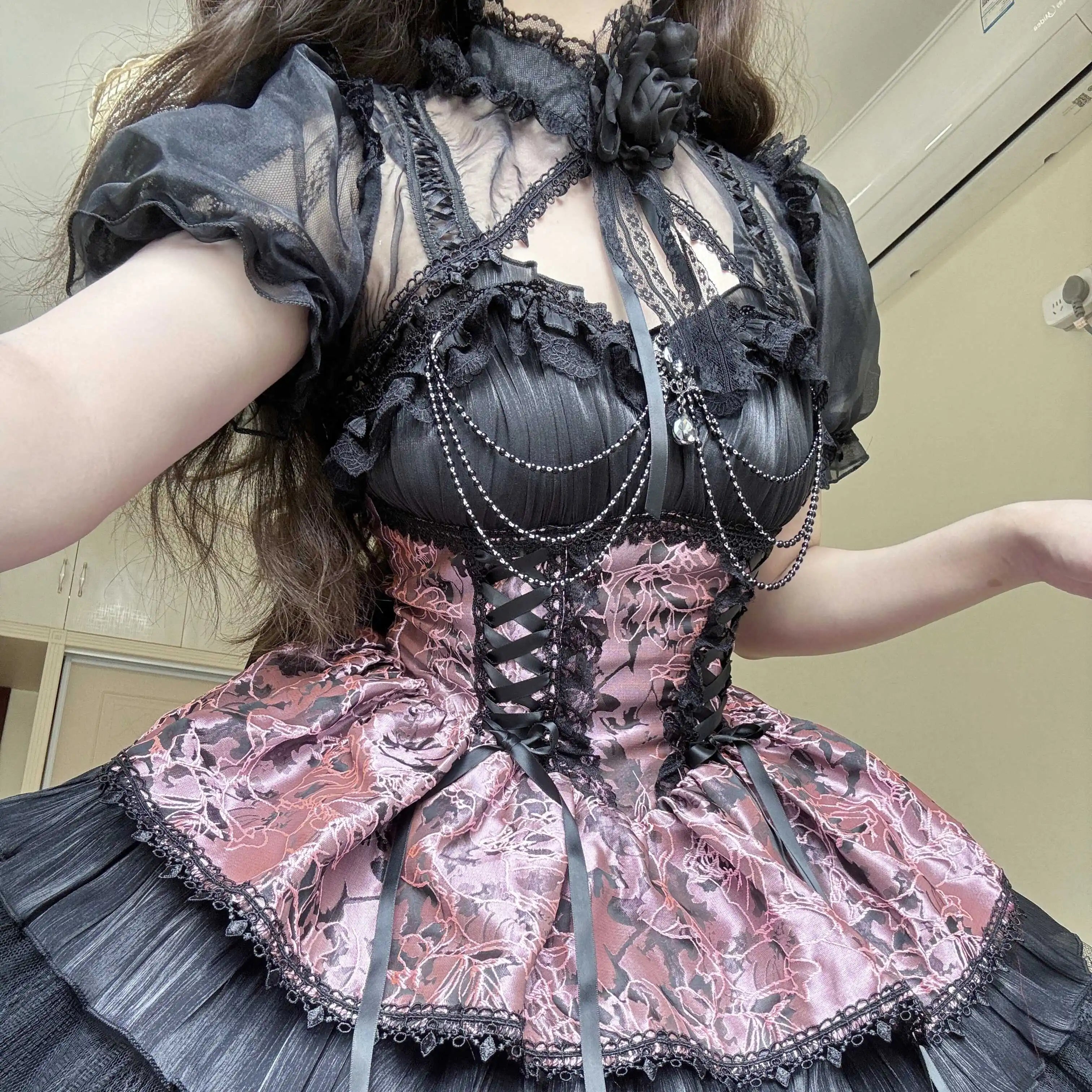 BXOXO Japanese Style Sweet Lolita JSK Princess Dress Gothic Lace Stitching Chain Bow Sleeveless High Waist Slim Mini Sling Dress Women