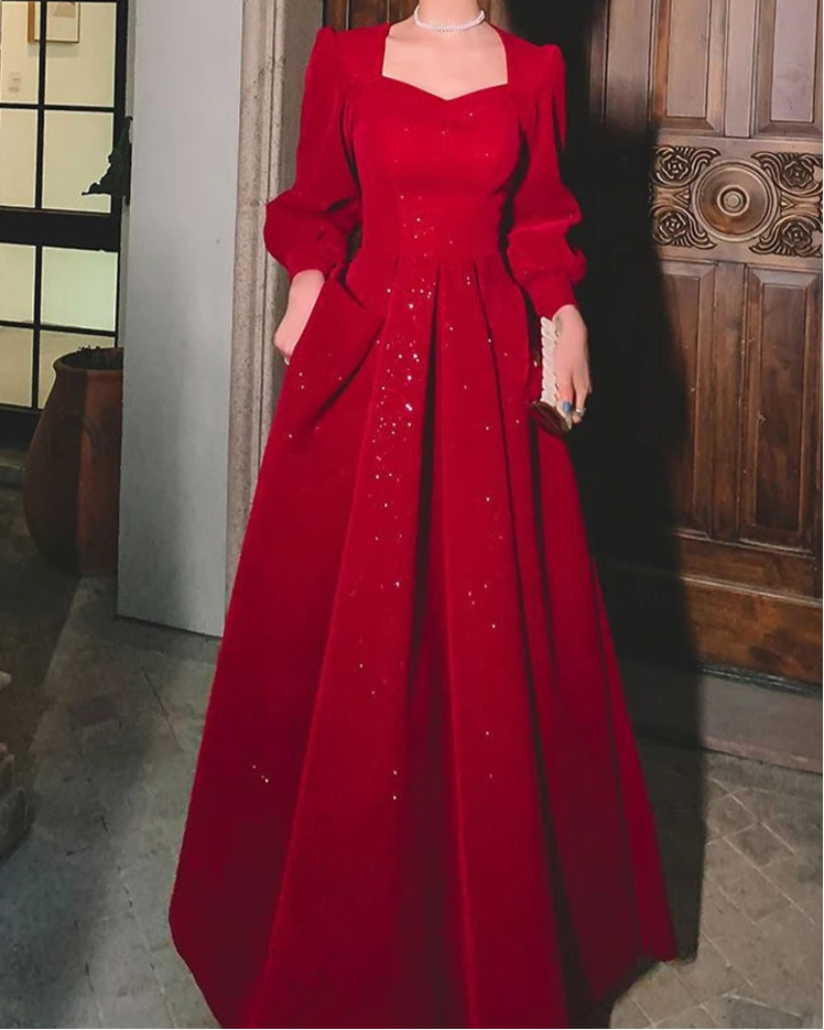 BXOXO Elegant Red Sequins Midi Dress Women Vintage V-neck Formal Occasions Evening Party Dresses Fashion Chic Design New in Dresses