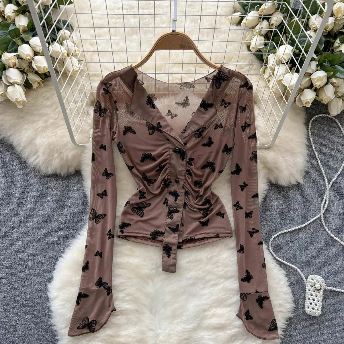 Bxoxo Butterfly Print Blouse Summer Long Sleeve V Neck Y2K 2024 Slim Vacation Ladies High Street Fashion Casual Shirt