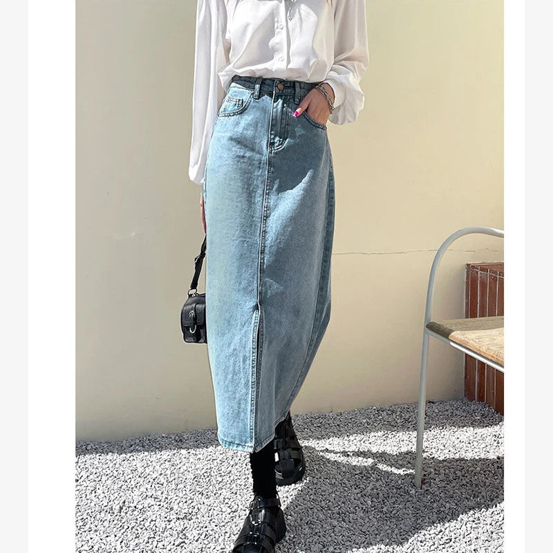 Bxoxo Vintage High Waist Women Denim Midi Skirt Summer Korean Thin Section Slit A Line Skirts Fashion Casual All Match Denim Skirts