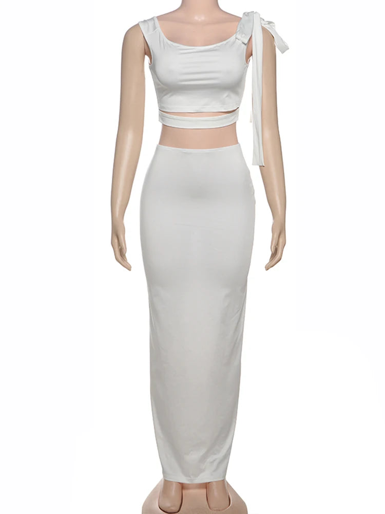 BXOXO Elegant 2 Piece Set Women Irregular Hollow Crop Tops+Skinny Stretch Long Skirts Vacation Fashion Casual Trend Outfits