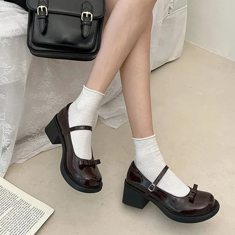 BXOXO Brown Jk Uniform Shoes British Style Retro Japanese Mary Jane Shoes Women's Lolita Bow Sweet Girls Kawaii Mid Heel Cute Laofers