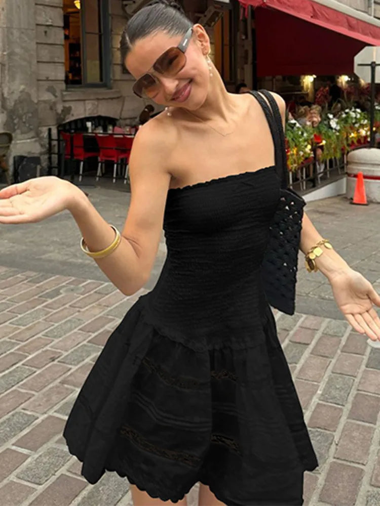 BXOXO  Off-shoulder Strapless A-line Sexy Mini Dress For Women Fashion Lace Sleeveless Backless High Waist Club Party Dress