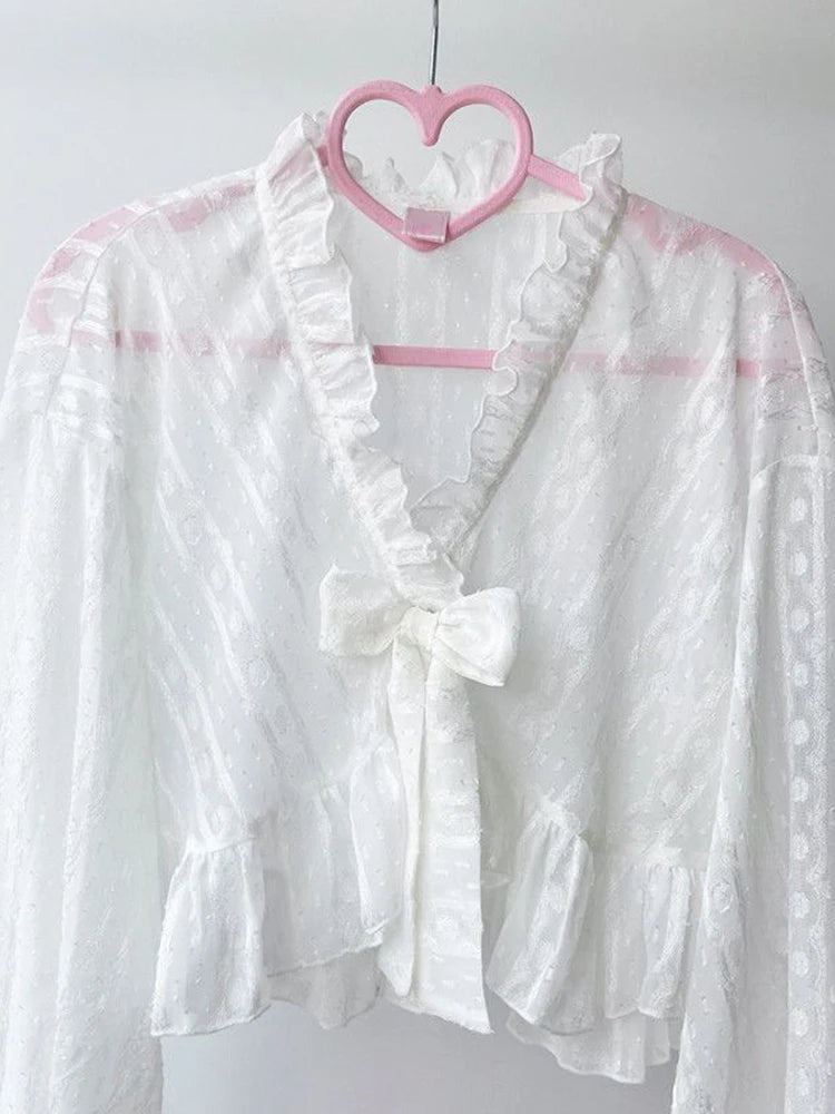 Bxoxo Lolita Sweet Sun Proof Shirt Women Cute Bow Lantern Sleeve Cropped Blouse Japan Kawaii Casual Elegant Jk Open Stitch Tops