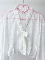 Bxoxo Lolita Sweet Sun Proof Shirt Women Cute Bow Lantern Sleeve Cropped Blouse Japan Kawaii Casual Elegant Jk Open Stitch Tops