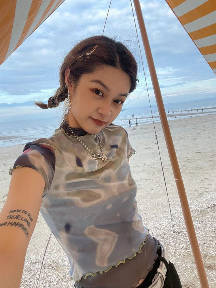 BXOXO Kawaii T Shirt Women Patchwork Mesh Tops Y2k Crop Tops Streetwear Retro Tee Tops Tie Dye Tshirts Japanese Grunge Tops