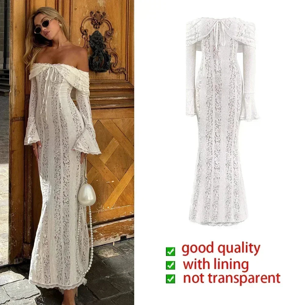 BXOXO  White Off The Shoulder Bodycon Dress New in Flare Sleeve Elegant Lace Maxi Dress Wedding Guest Dress for Women