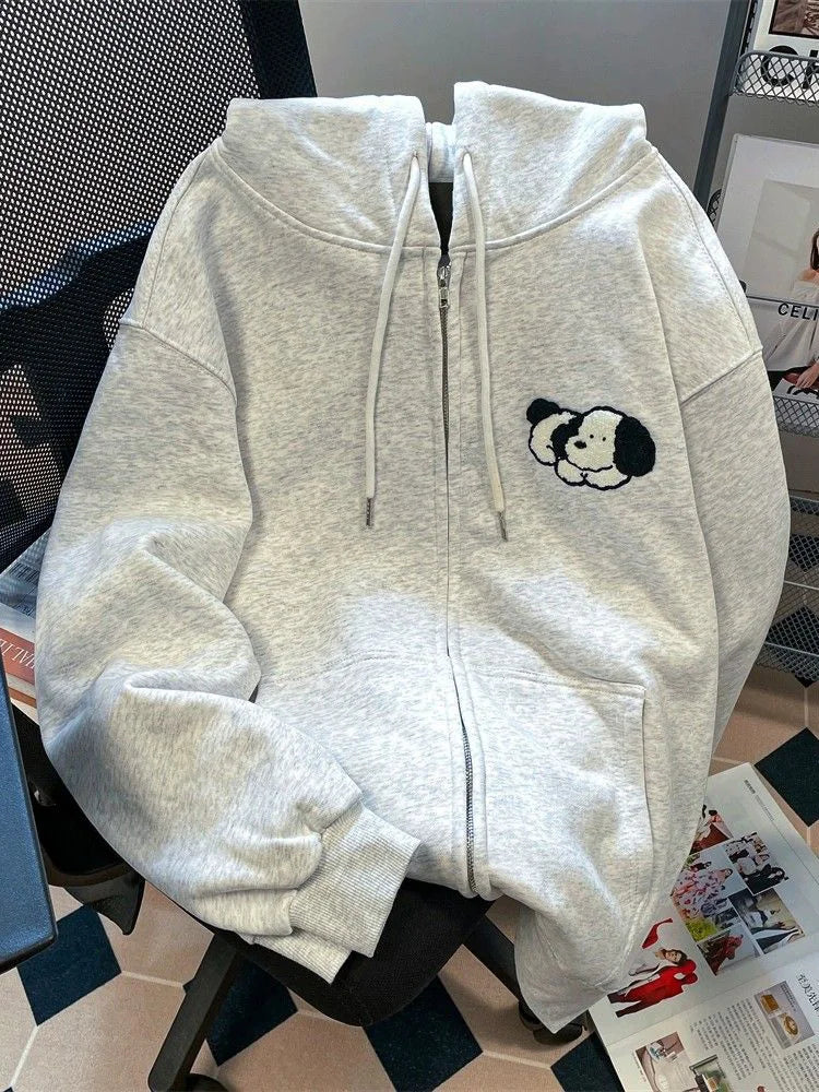 Bxoxo Cute Dog Cartoon Gray Hoodies Women Loose Long Sleeve Kawaii Sweatshirts Casual Vintage Preppy Style Fall Female Pockets Tops