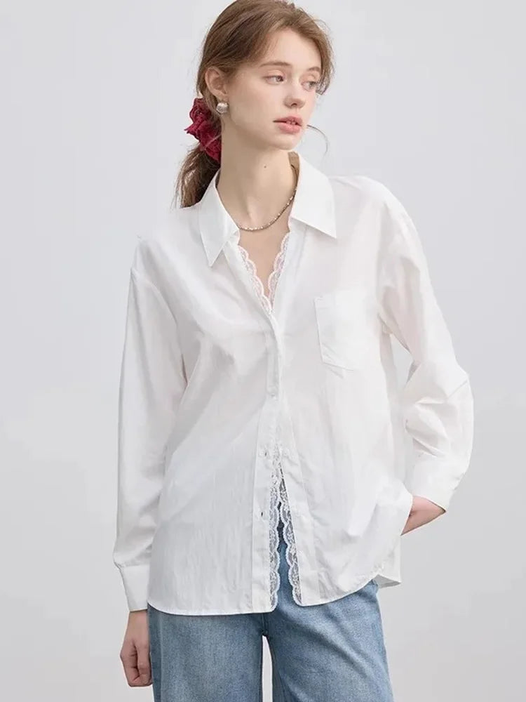 Bxoxo Lace Patchwork White Shirt Women Elegant Long Sleeve Vintage Blouse American Casual Autumn Female Sweet Pocket Retro Tops