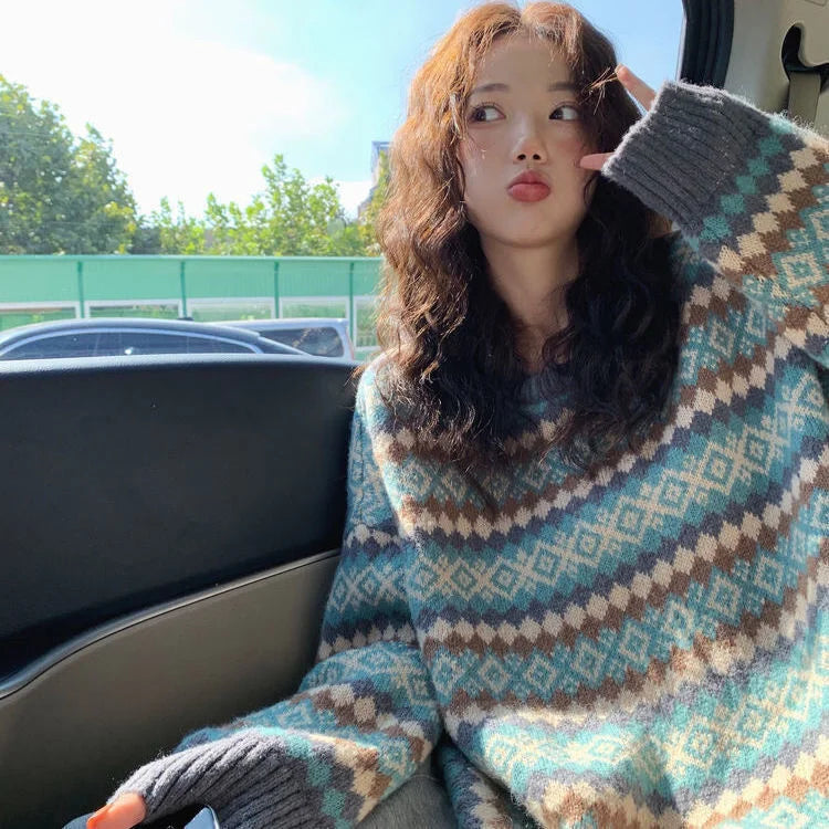 Bxoxo Winter Knitwear Pullover Sweaters For Women Top Blue Vintage Long Loose Autres Sweats Warm Korea Fashion Kawaii Jersey Jumper
