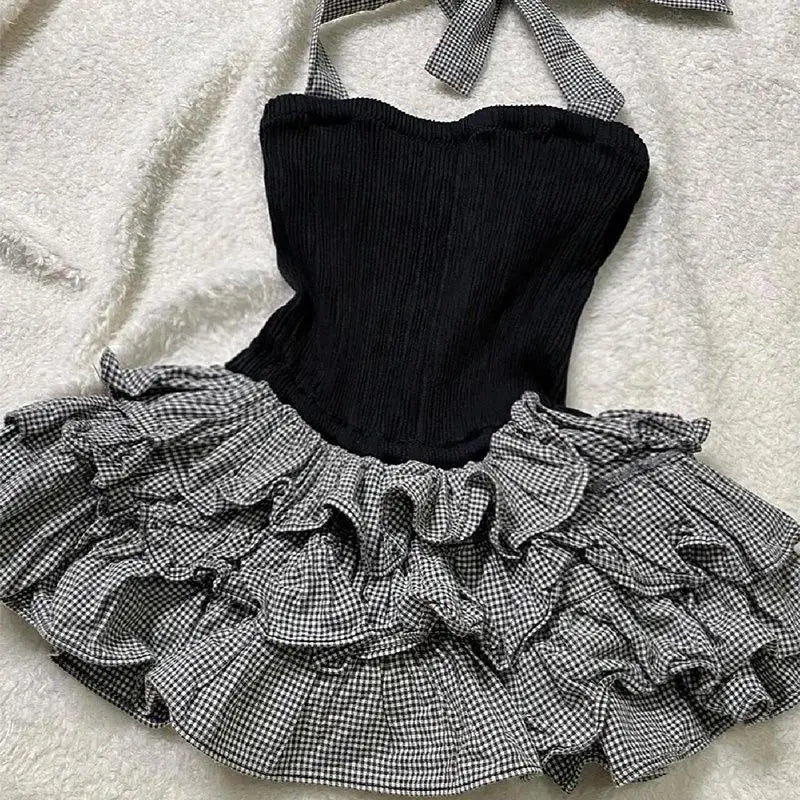 BXOXO New summer sexy style patterned halter neck suspender dress for women with waist slim and fluffy cake skirt