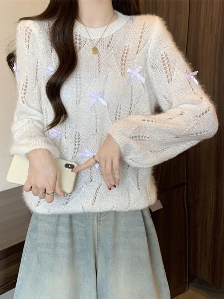 Bxoxo Sweet Bow Hollow Out Sweaters Women Korean Fashion Gradient Long Sleeve Knitted Pullover Preppy Style Loose Elegant Cute Jumpers