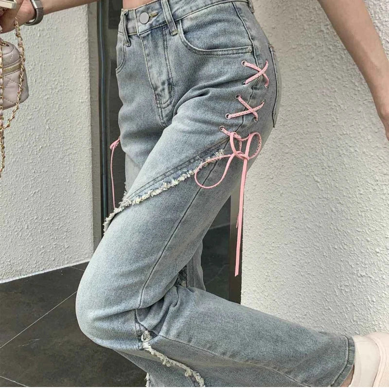 BXOXO American Split Jeans Women Pink Bandage High Waist Irregular Spliced Denim Pants Zipper Fly Trousers Y2k Pantalon Femme