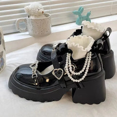 BXOXO Sweet Heart-Shaped Buckle Lolita Shoes Women Patent Leather Platform Mary Janes Woman Metal Decoration Chunky Heels Pumps