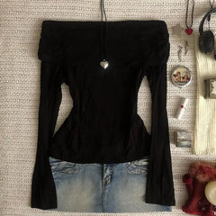 Bxoxo Sexy Punk Y2k Long sleeve Crop Top One shoulder Harajuku Grunge Goth Pullover Streetwear Hip Hop Baby Tee Retro Fashion Top EMO