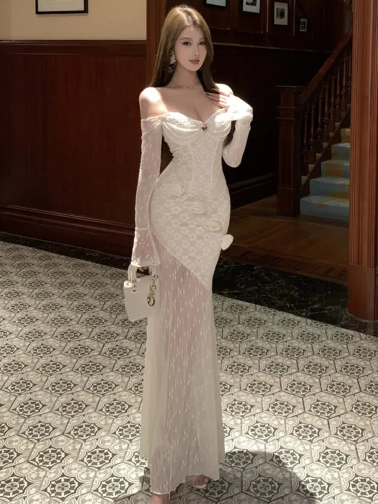 Bxoxo Sexy Bodycon Party Women's Dresses Elegant Slash Neck Lace Patchwork Off Shoulder Long Sleeves Evening Dress Vestidos Long Robe