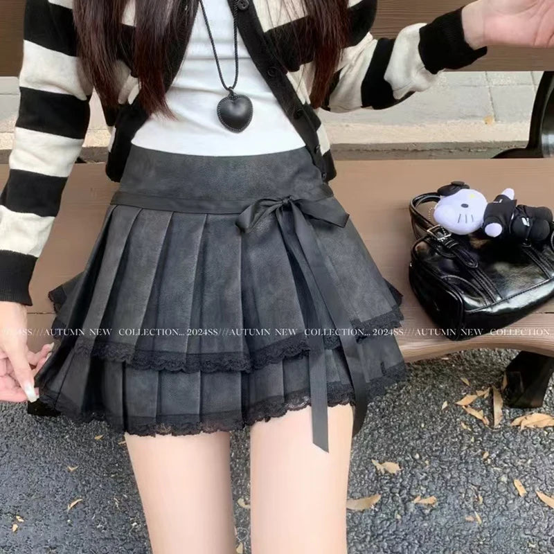 Bxoxo Fashion Bow Pu Pleated Skirt for Women Korean High Waist Splicing Mini Skirts Y2K Female Harajuku All-Match Chic A-Line Skirts