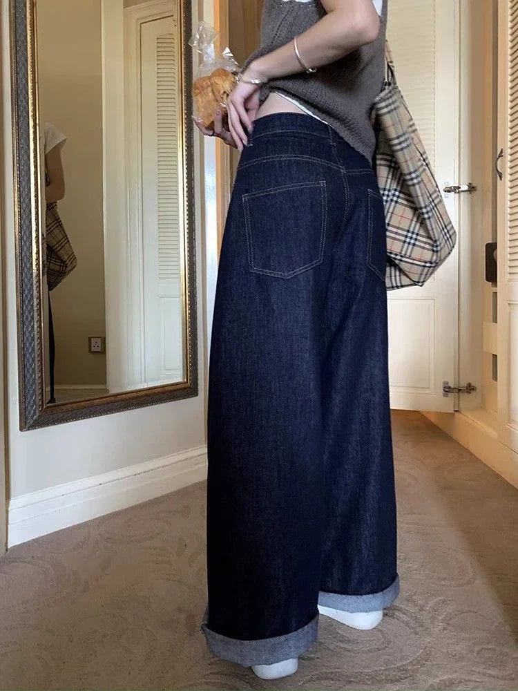 Bxoxo Women's Deep Blue Loose Wide Leg Jeans Street Cool Girl High Waist Baggy Pants Female Casual Straight Denim Trousers
