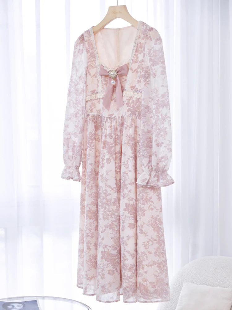BXOXO Sweet Pink Princess Dress Women Vintage Floral Print Puff Sleeve Dress Female French Style Elegant Kawaii Lace Bow Long Dresses
