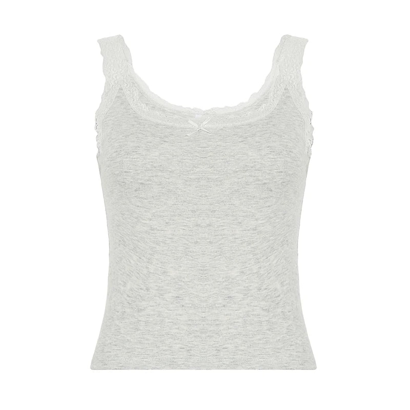 BXOXO Grey Basic Knitted Tank Top Cute Bow Patchwork Sleeveless Tees Women Summer Casual Lace Stitching Cropped Top Vintage y2k