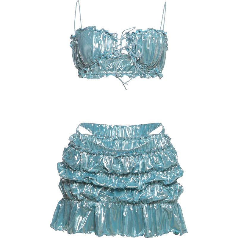 BXOXO Sexy Beach Style Women 2 Piece Set Y2K Glitter Silky Strapless Bandage Camisole+Briefs+Ruched Ruffles Skirts Clubwear