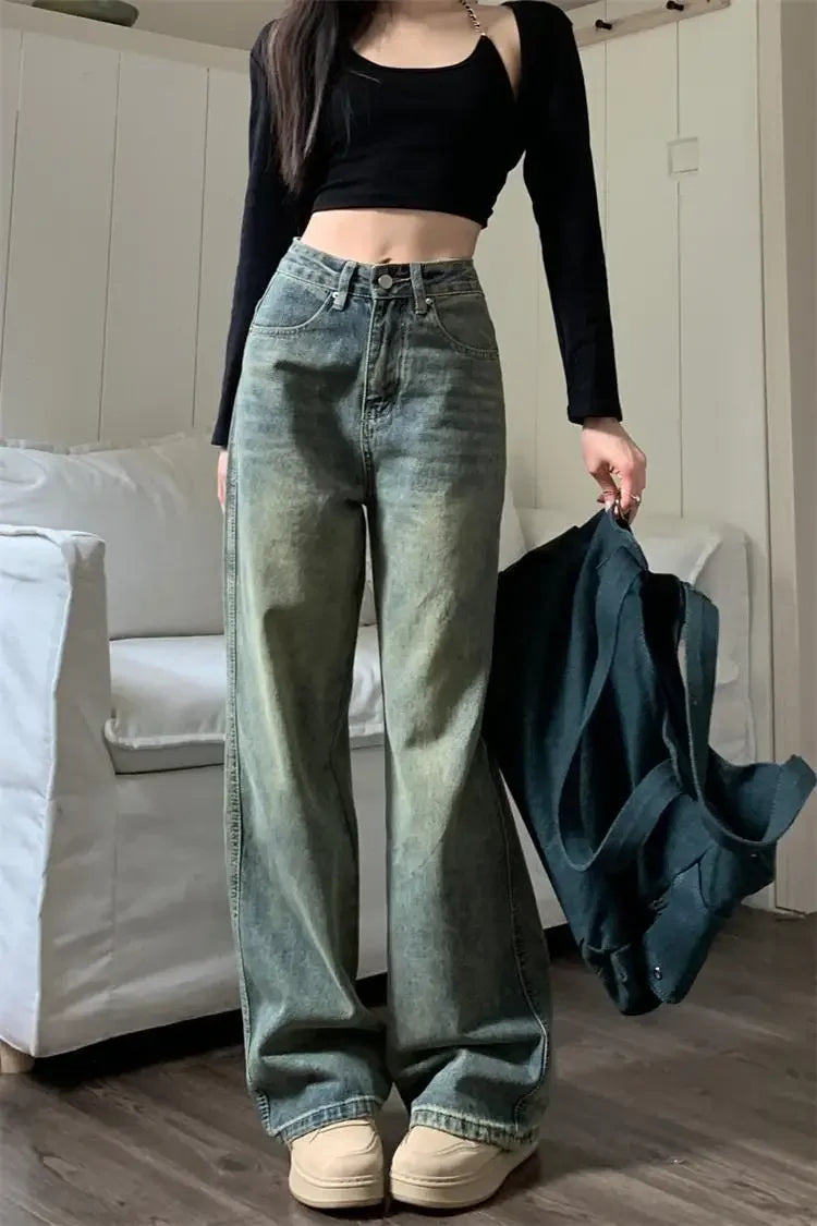 Bxoxo Vintage High-waisted Slimming Jeans American Style Casual Bell Bottoms Versatile Straight-leg Long Pants For Women