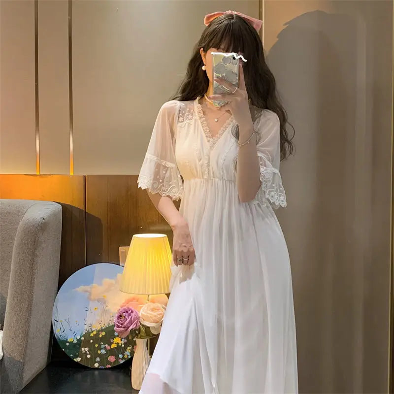 Bxoxo Female White Lace Long Nightgown Sleepwear Retro Palace Style Princess Nightdress Bath Robe Summer Loose Home Dress Nightwear