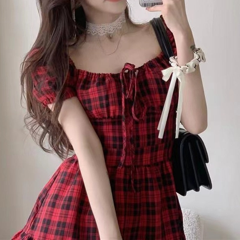 BXOXO - Puff Sleeve Plaid Dress