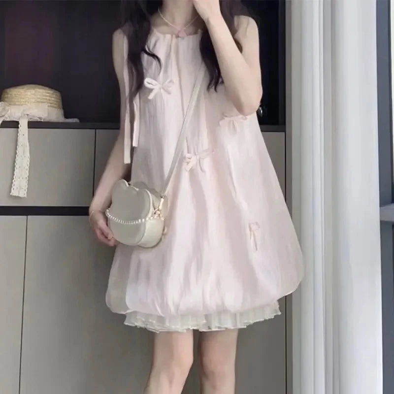 Bxoxo Sweet Pink Butterfly Knot Flower Bud Dress Women's Loose Slimming Short Skirt Summer New Style Student Mini Dress Casual Chic