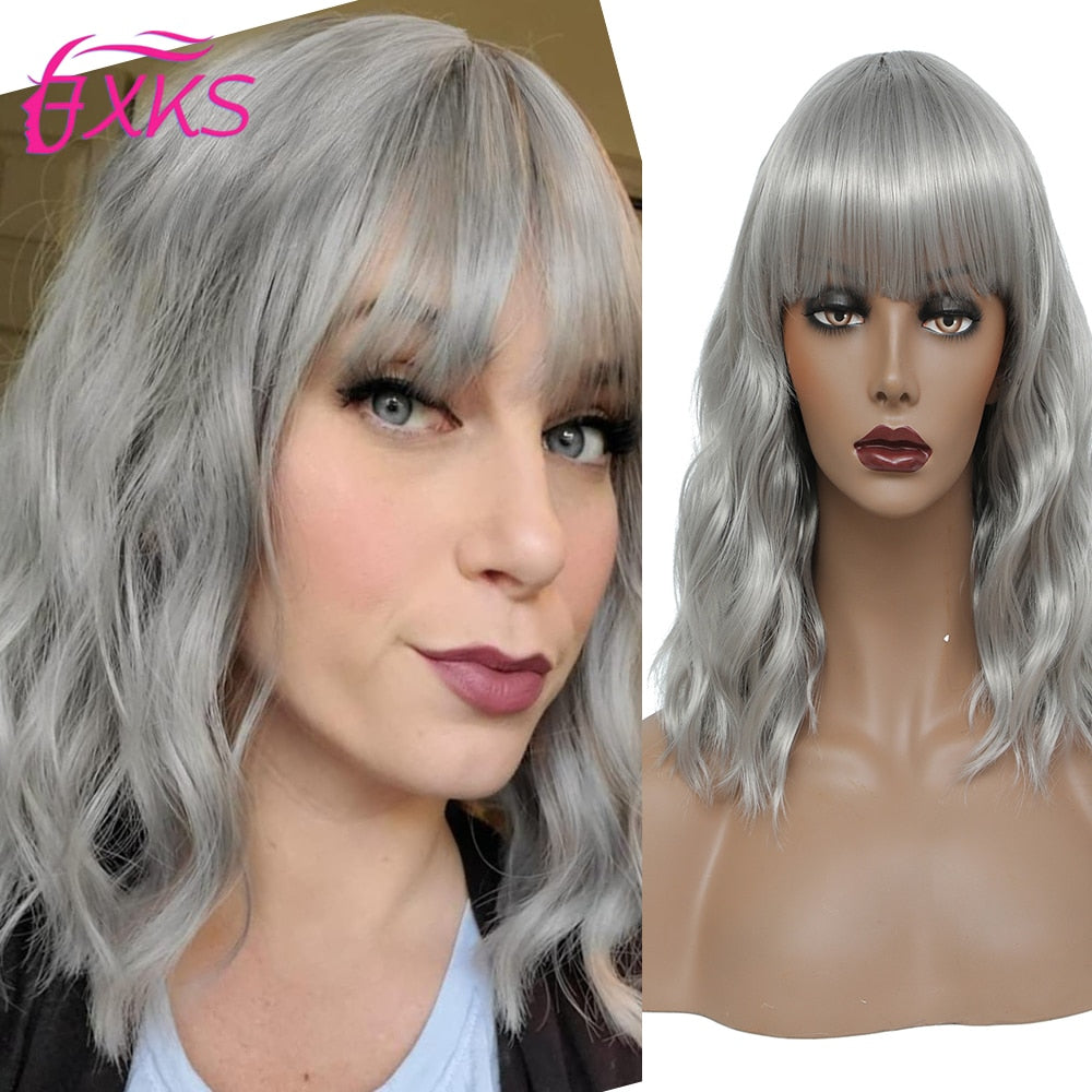 BXOXO Blonde Gold Short Wavy Synthetic Wigs With Bangs Brown Grey Silver Black Color Body Wave Hair Wigs 14Inch 200G For Women FXKS